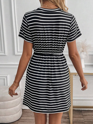 Round Neck Black & White Striped Short Sleeve Drawstring Waist Midi Dress