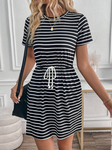 Round Neck Black & White Striped Short Sleeve Drawstring Waist Midi Dress