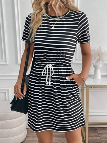Round Neck Black & White Striped Short Sleeve Drawstring Waist Midi Dress