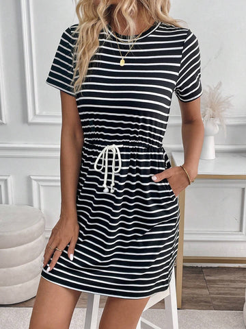 Round Neck Black & White Striped Short Sleeve Drawstring Waist Midi Dress