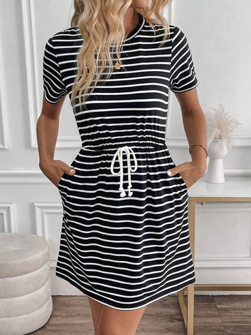 Round Neck Black & White Striped Short Sleeve Drawstring Waist Midi Dress