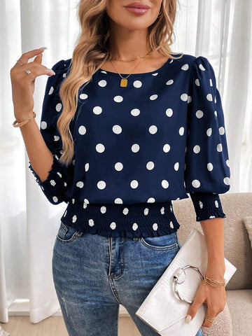 LUNE Round Neck Long Sleeve, Frill Trim Vintage Black Polka Dot Print Casual Office Elegant Blouse For Women