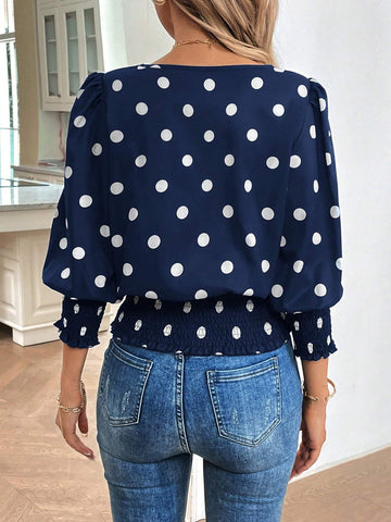 LUNE Round Neck Long Sleeve, Frill Trim Vintage Black Polka Dot Print Casual Office Elegant Blouse For Women