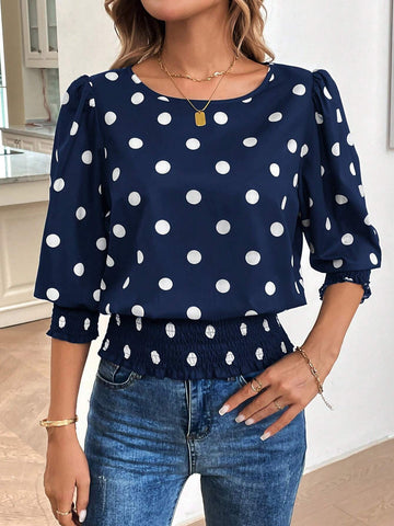 LUNE Round Neck Long Sleeve, Frill Trim Vintage Black Polka Dot Print Casual Office Elegant Blouse For Women