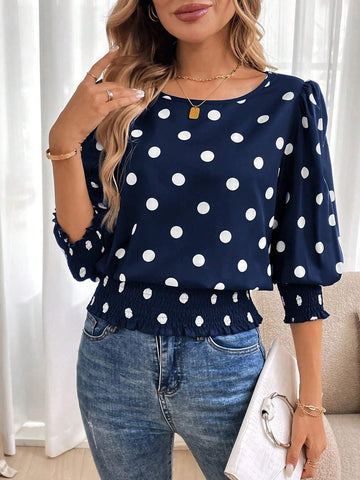 LUNE Round Neck Long Sleeve, Frill Trim Vintage Black Polka Dot Print Casual Office Elegant Blouse For Women