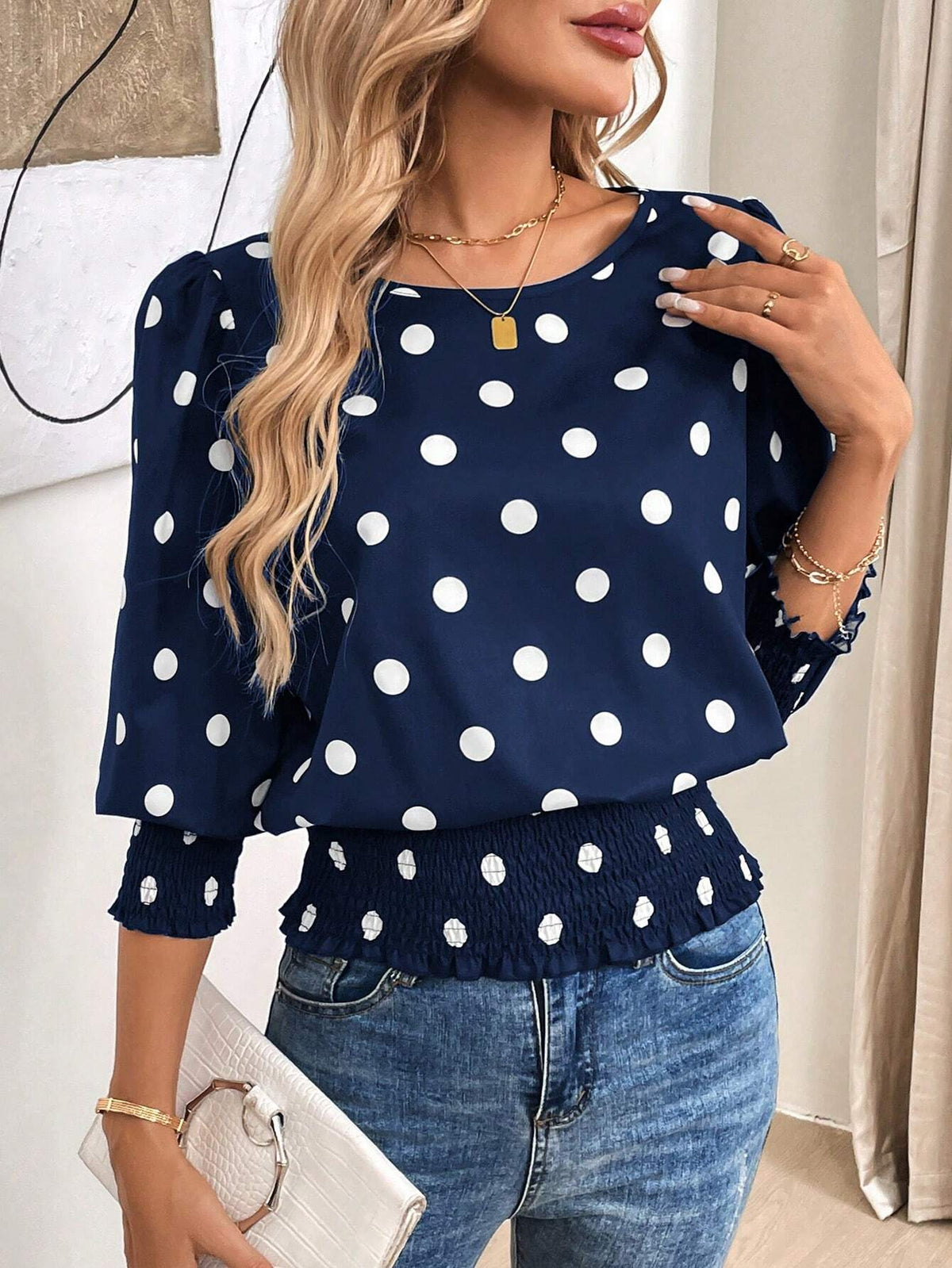 LUNE Round Neck Long Sleeve, Frill Trim Vintage Black Polka Dot Print Casual Office Elegant Blouse For Women
