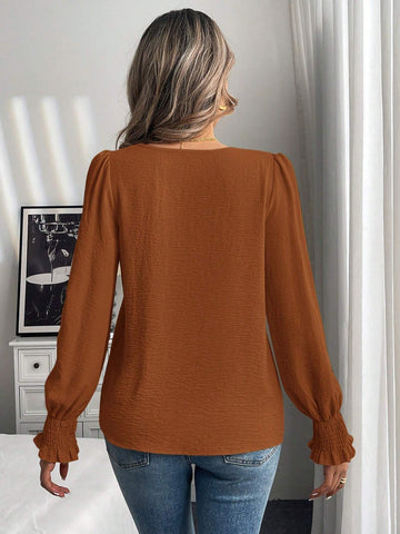 LUNE Round Neck Plain Balloon Sleeve Shirt, Casual For Autumn