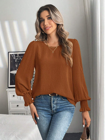 LUNE Round Neck Plain Balloon Sleeve Shirt, Casual For Autumn