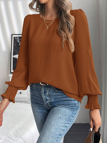 LUNE Round Neck Plain Balloon Sleeve Shirt, Casual For Autumn