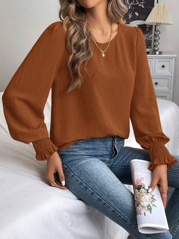 LUNE Round Neck Plain Balloon Sleeve Shirt, Casual For Autumn