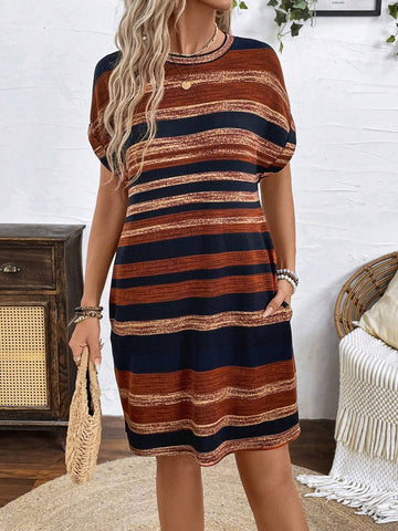 Round Neck Pocket Decor Striped & Printed Straight Women's Dress