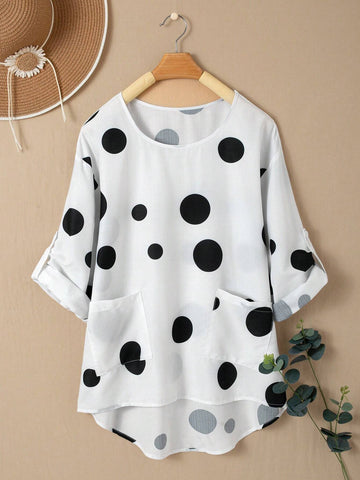 LUNE Round Neck Polka Dot Printed Short Front Long Back Summer Casual Shirt With Pocket