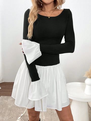 Round Neck Ruffle Flared Sleeve Ruched A-Line Patchwork Casual Commuting Elegant Short Dress