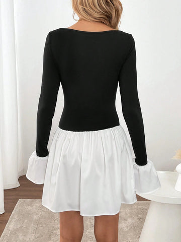 Round Neck Ruffle Flared Sleeve Ruched A-Line Patchwork Casual Commuting Elegant Short Dress