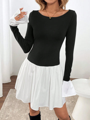 Round Neck Ruffle Flared Sleeve Ruched A-Line Patchwork Casual Commuting Elegant Short Dress