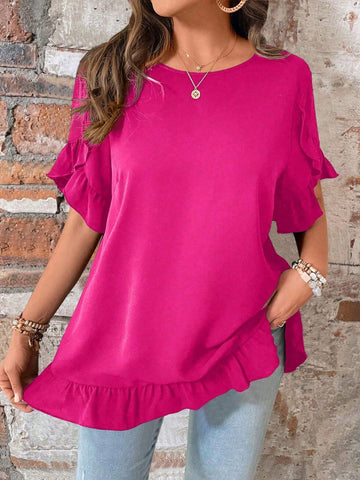LUNE Round Neck Shirt With Ruffle Hem And Patchwork Design
