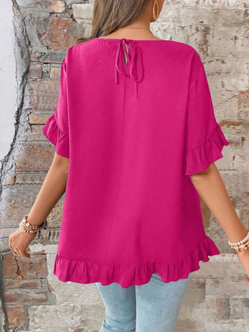 LUNE Round Neck Shirt With Ruffle Hem And Patchwork Design