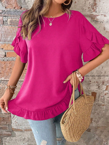 LUNE Round Neck Shirt With Ruffle Hem And Patchwork Design