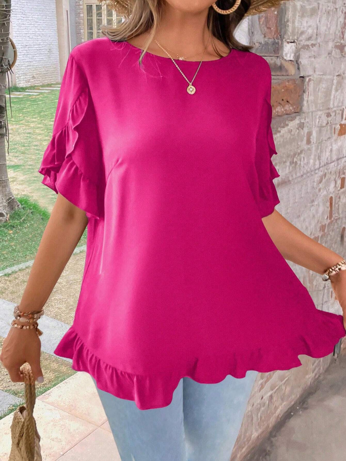 LUNE Round Neck Shirt With Ruffle Hem And Patchwork Design