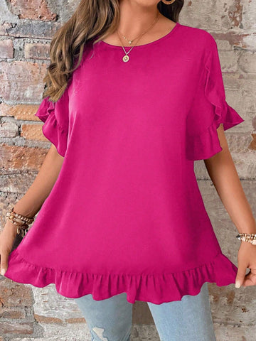 LUNE Round Neck Shirt With Ruffle Hem And Patchwork Design