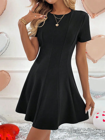 Round Neck Short Sleeve Waist Fit A-Line Umbrella Dress, Casual Commuting Elegant Streetwear