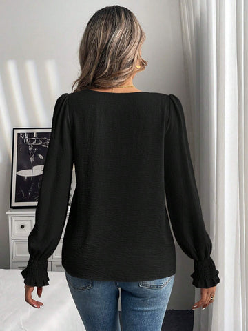 LUNE Round Neck Solid Color Lantern Sleeve Shirt, Casual For Autumn