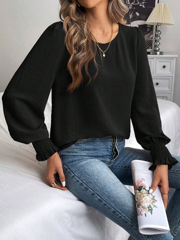 LUNE Round Neck Solid Color Lantern Sleeve Shirt, Casual For Autumn