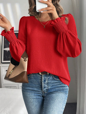 LUNE Round Neck Solid Ruffle Flare Sleeve Blouse