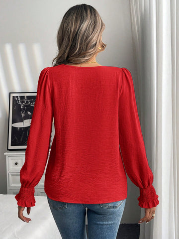 LUNE Round Neck Solid Ruffle Flare Sleeve Blouse