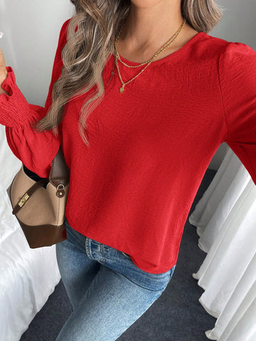 LUNE Round Neck Solid Ruffle Flare Sleeve Blouse