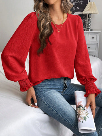LUNE Round Neck Solid Ruffle Flare Sleeve Blouse