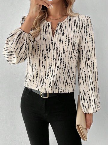 LUNE Round Neck V-Neck Puff Sleeve Lantern Sleeve Vertical Stripe Floral Print Casual Commuter Elegant Outdoor Wear Women Long Sleeve Blouse For Autumn/Winter