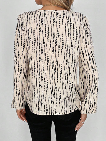 LUNE Round Neck V-Neck Puff Sleeve Lantern Sleeve Vertical Stripe Floral Print Casual Commuter Elegant Outdoor Wear Women Long Sleeve Blouse For Autumn/Winter