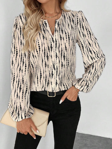 LUNE Round Neck V-Neck Puff Sleeve Lantern Sleeve Vertical Stripe Floral Print Casual Commuter Elegant Outdoor Wear Women Long Sleeve Blouse For Autumn/Winter