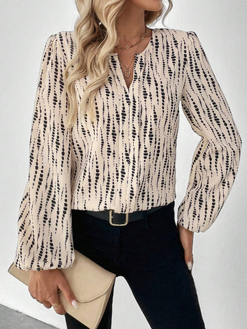LUNE Round Neck V-Neck Puff Sleeve Lantern Sleeve Vertical Stripe Floral Print Casual Commuter Elegant Outdoor Wear Women Long Sleeve Blouse For Autumn/Winter