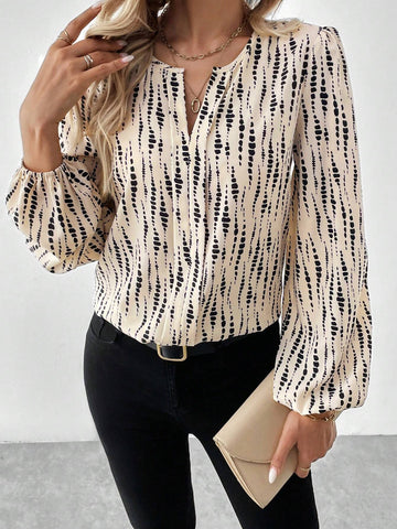 LUNE Round Neck V-Neck Puff Sleeve Lantern Sleeve Vertical Stripe Floral Print Casual Commuter Elegant Outdoor Wear Women Long Sleeve Blouse For Autumn/Winter