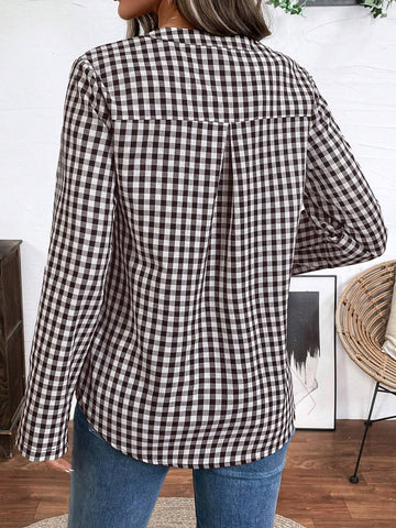 LUNE Ruffle Cuff Half Button Patch Pocket Plaid Shirt