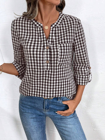LUNE Ruffle Cuff Half Button Patch Pocket Plaid Shirt