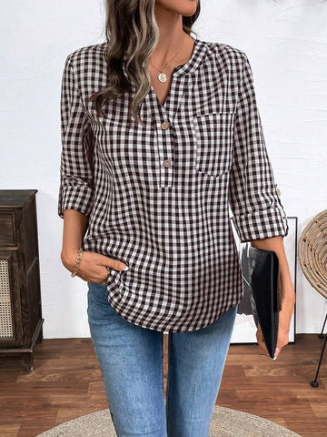 LUNE Ruffle Cuff Half Button Patch Pocket Plaid Shirt