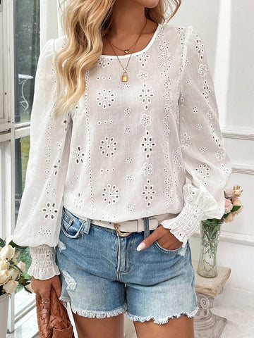 LUNE Ruffle Cuff Long Sleeve White Embroidery Romantic Date Shirt For Women