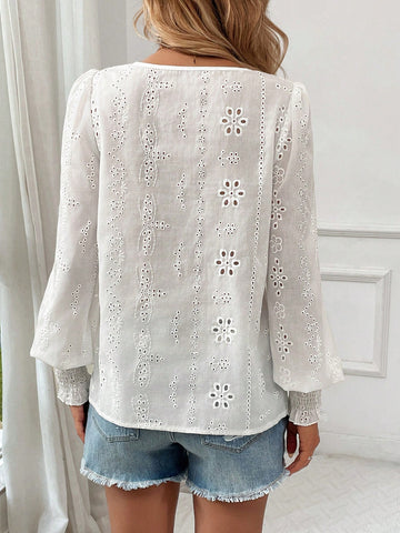 LUNE Ruffle Cuff Long Sleeve White Embroidery Romantic Date Shirt For Women