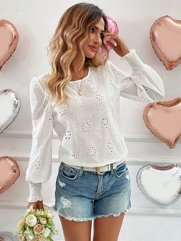 LUNE Ruffle Cuff Long Sleeve White Embroidery Romantic Date Shirt For Women