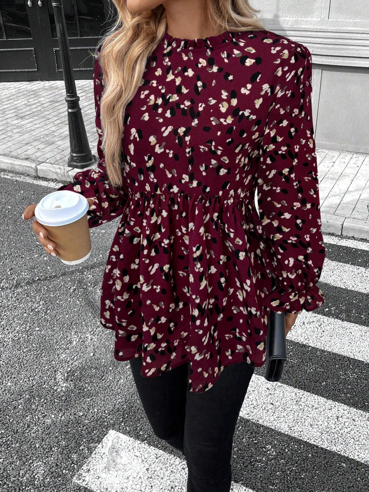 LUNE Ruffled Trim Round Neck Long Sleeve Casual Printed T-Shirt, Spring And Summer