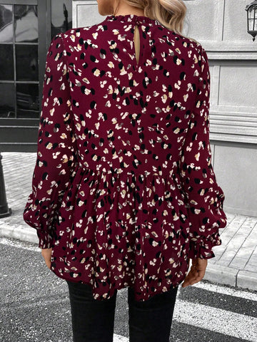 LUNE Ruffled Trim Round Neck Long Sleeve Casual Printed T-Shirt, Spring And Summer