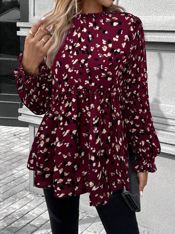 LUNE Ruffled Trim Round Neck Long Sleeve Casual Printed T-Shirt, Spring And Summer