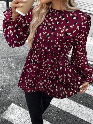 LUNE Ruffled Trim Round Neck Long Sleeve Casual Printed T-Shirt, Spring And Summer