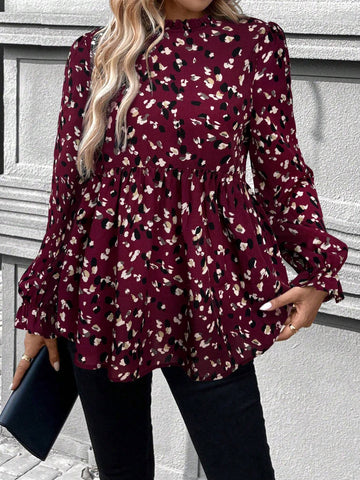 LUNE Ruffled Trim Round Neck Long Sleeve Casual Printed T-Shirt, Spring And Summer