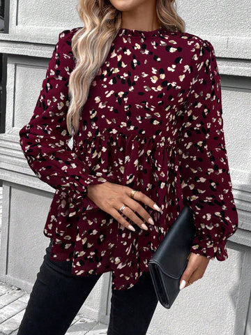 LUNE Ruffled Trim Round Neck Long Sleeve Casual Printed T-Shirt, Spring And Summer