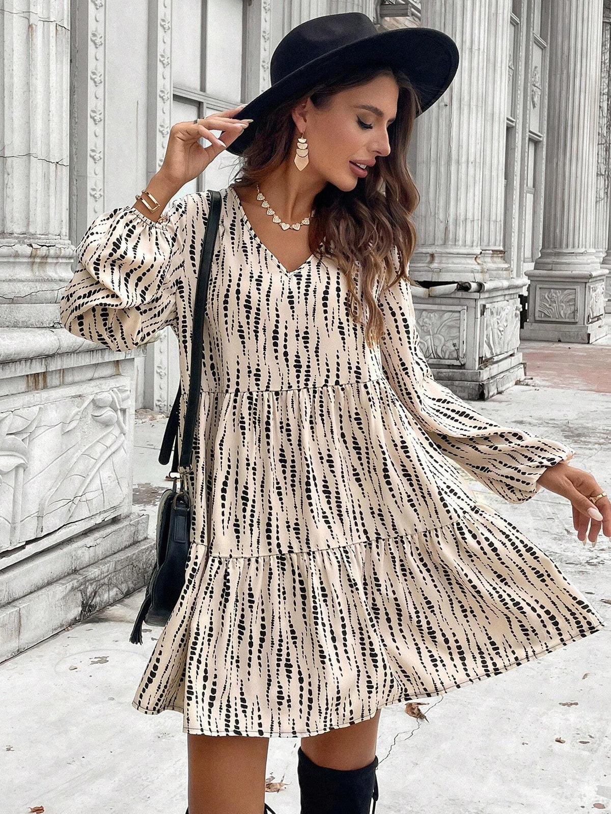 Ruffled V-Neck A-Line Casual Printed Vacation Dress, Autumn/Winter