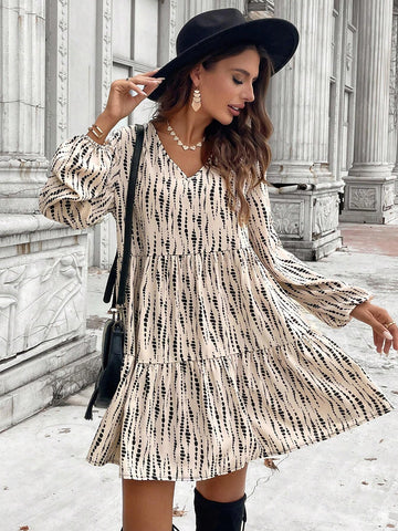 Ruffled V-Neck A-Line Casual Printed Vacation Dress, Autumn/Winter